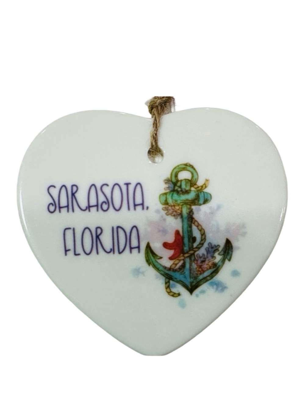 Sarasota Florida Ceramic Heart Ornament Coastal Nautical Anchor Gift Handmade